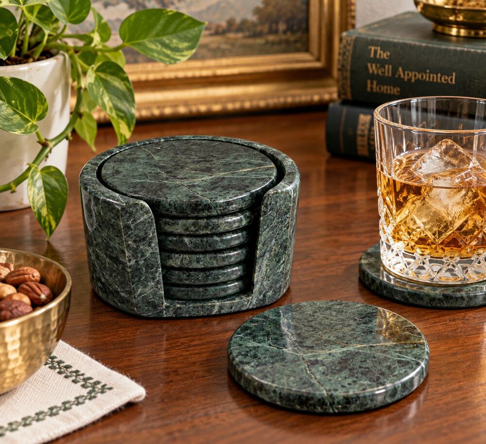Green Marble Coaster Set 6 With Holder Round Stone Drink Bar Table Decor MCM